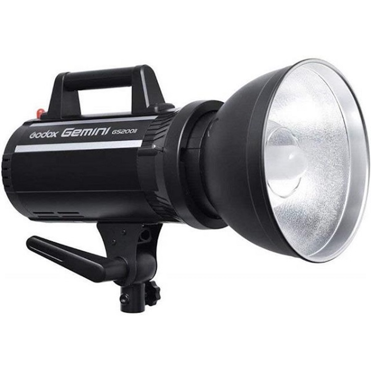 Ein schwarzer Godox Gemini GS200II Studioblitz. Es hat einen Griff, einen Reflektor und eine Halterung.