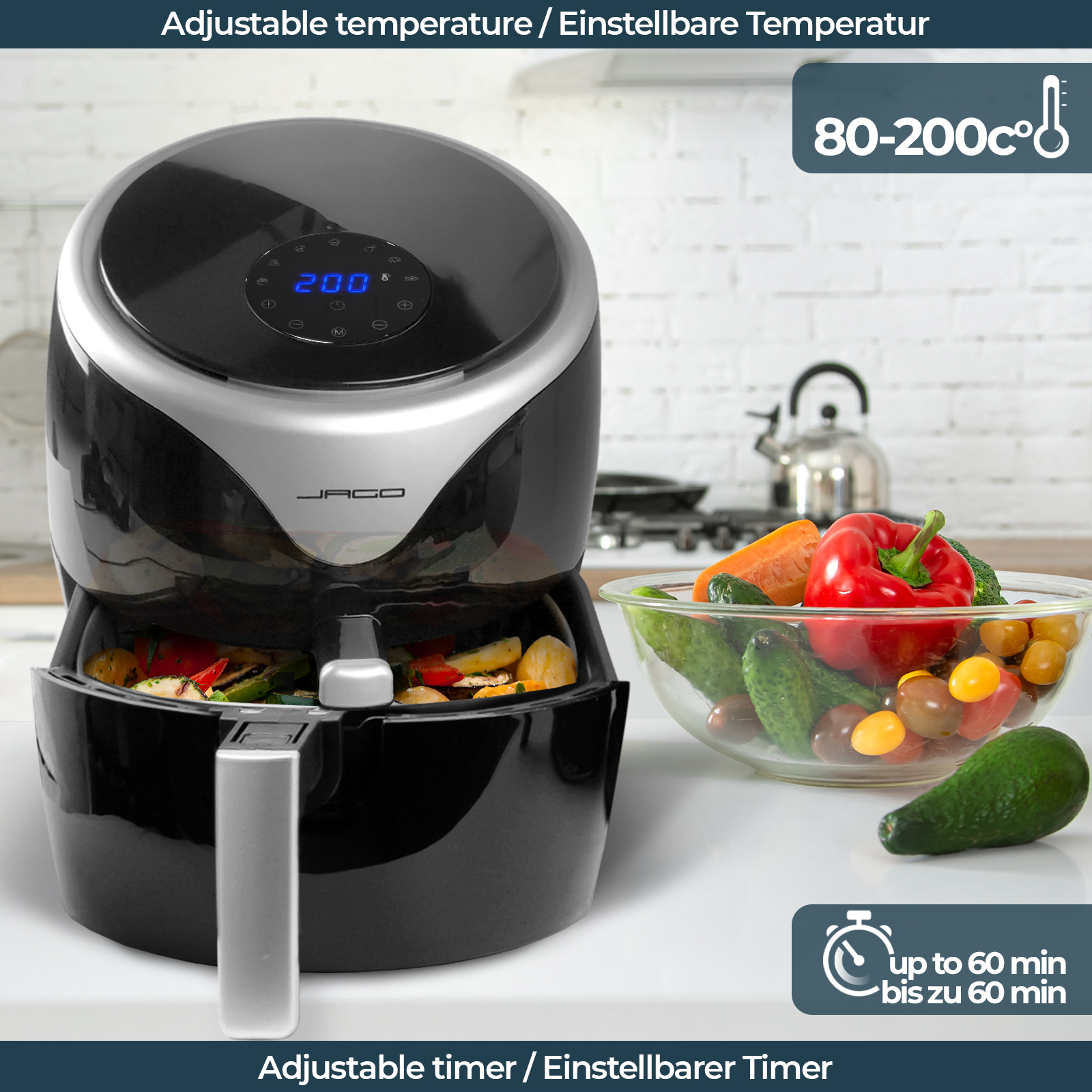 Schwarz 1700 Watt JAGO Heißluftfriteuse Airfryer