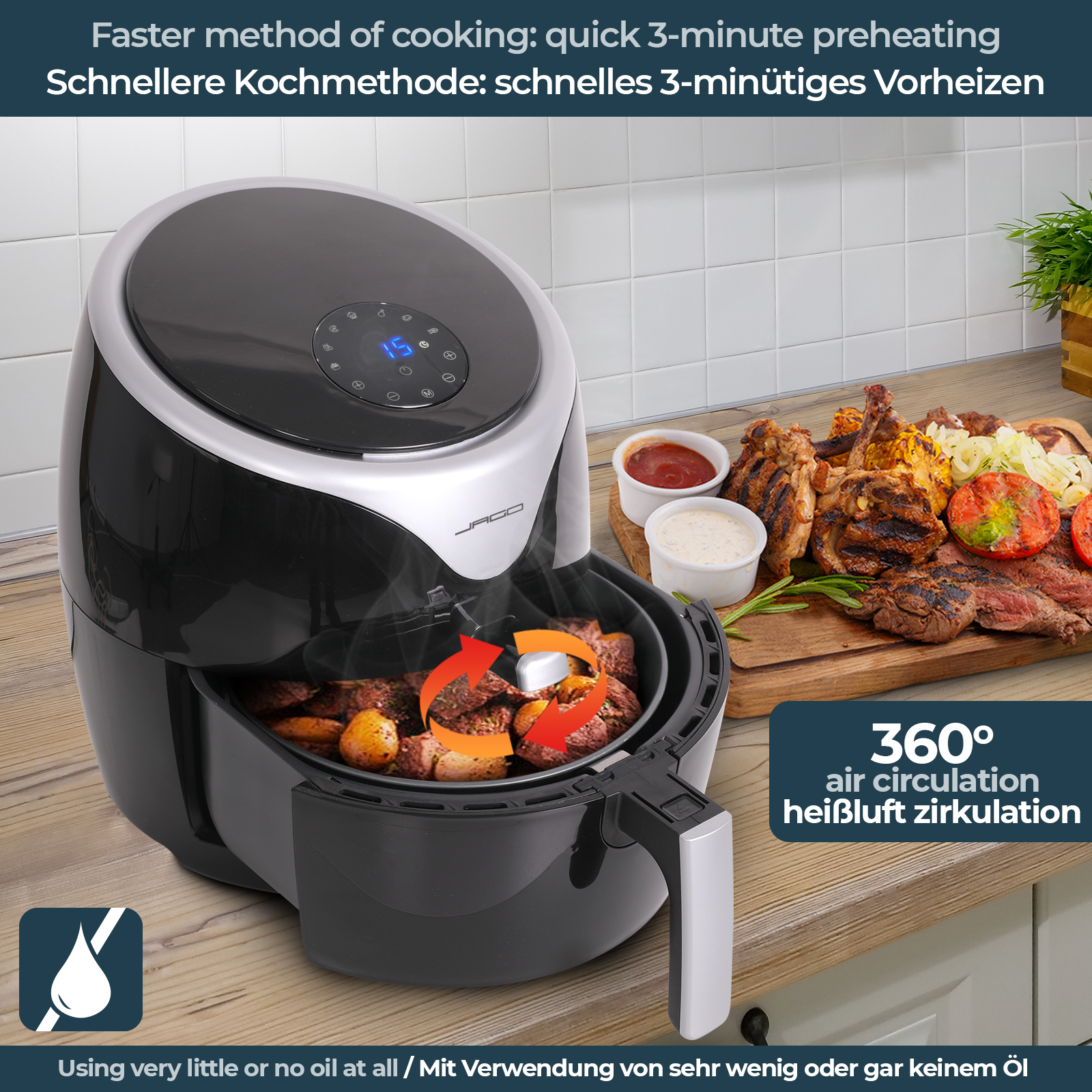 1700 Watt Schwarz Heißluftfriteuse Airfryer JAGO