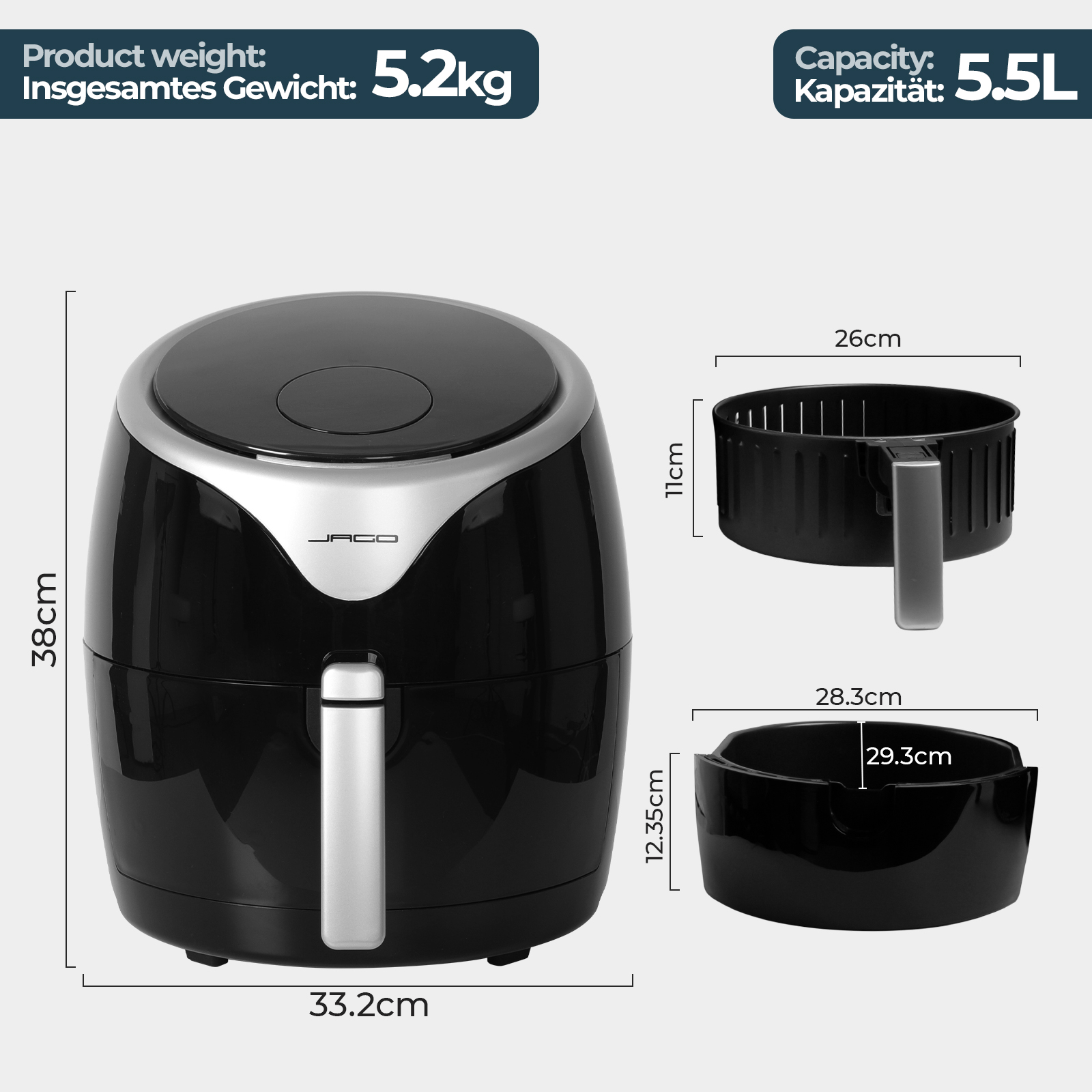 Schwarz JAGO Watt 1700 Heißluftfriteuse Airfryer