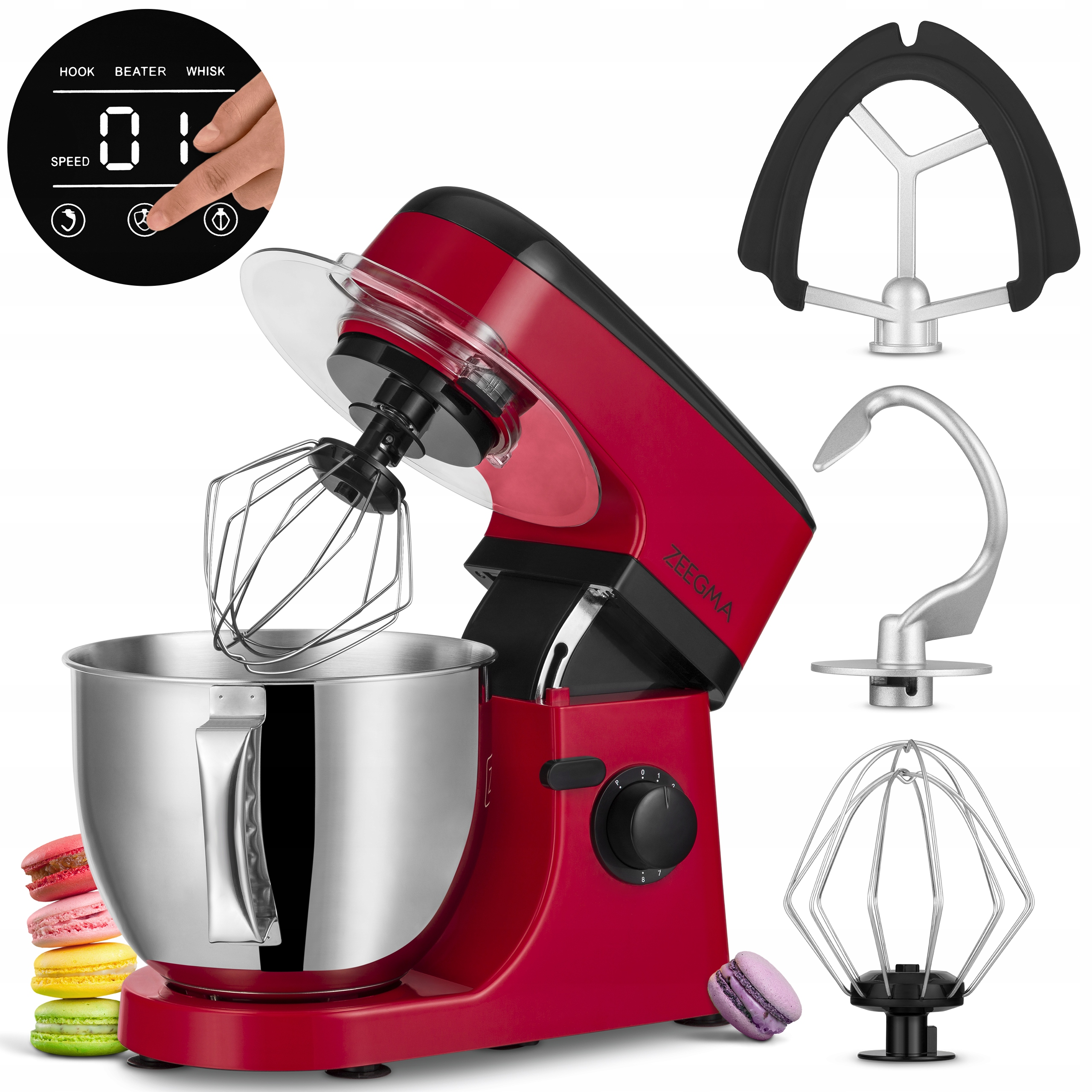 Impastatrice Zeegma rossa con accessori e macarons, con pannello di controllo velocità.
