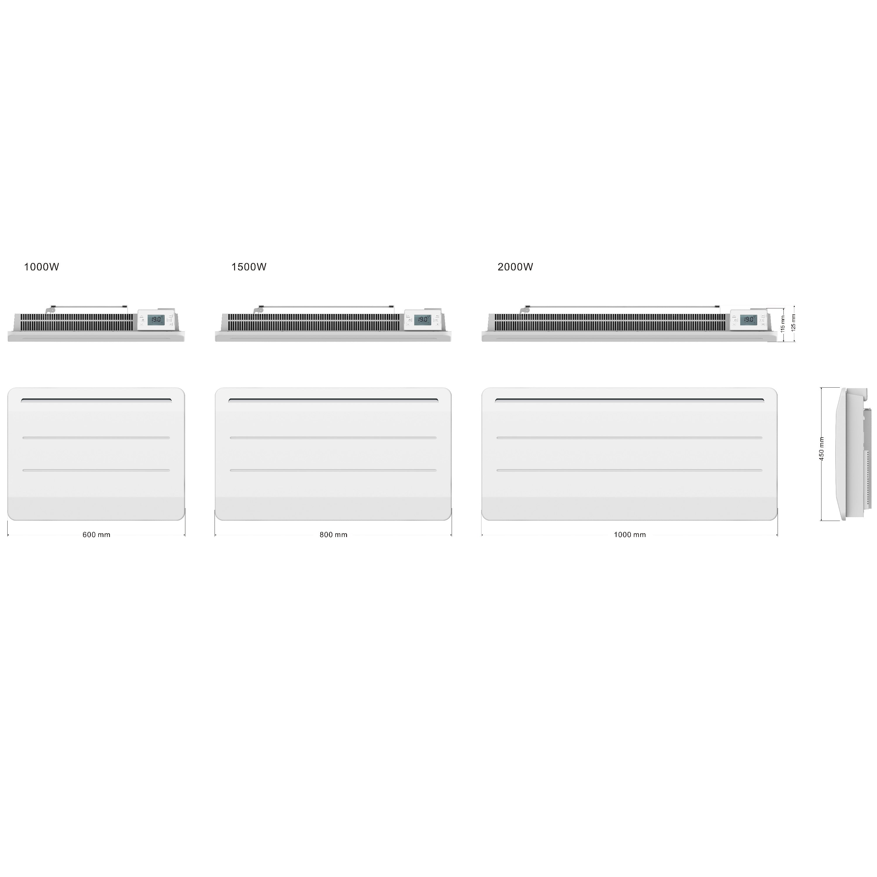 Weiße Elektroheizungen in verschiedenen Größen. Zeigt Abmessungen und Wattzahl (1000W, 1500W, 2000W).