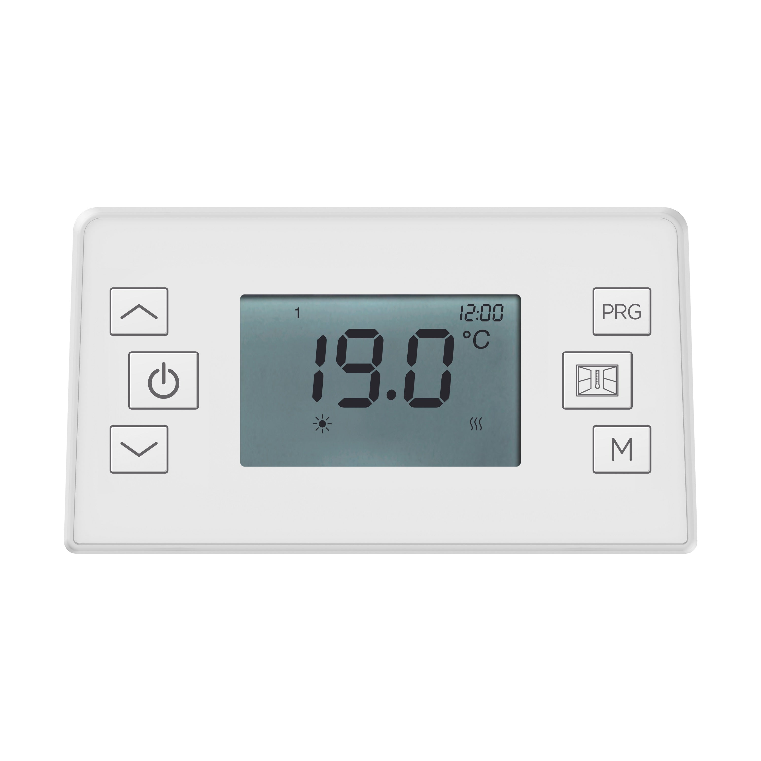 Weißes Thermostat mit Anzeige von 19,0 °C, Knöpfen und Symbolen.