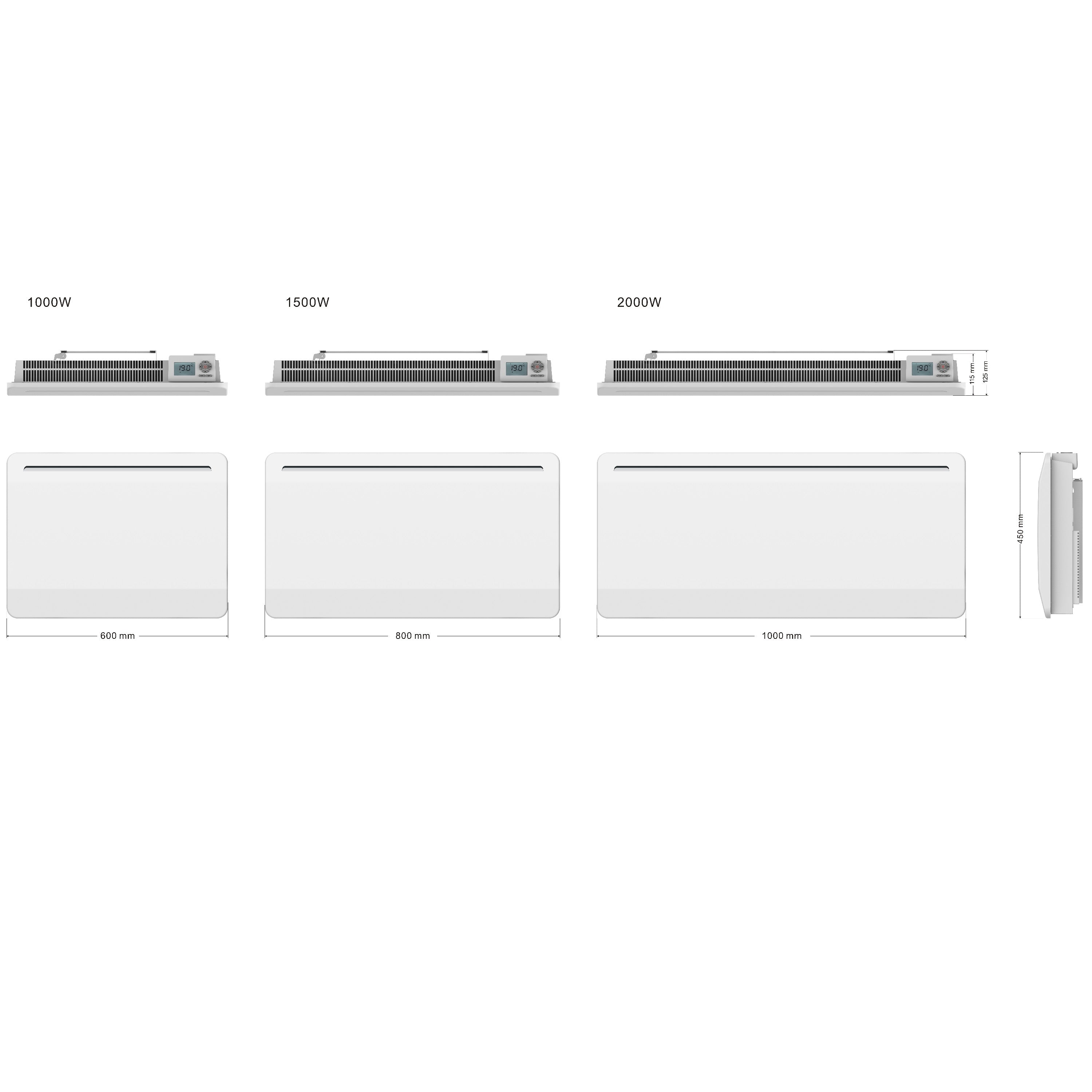 Diagramm von drei weißen Heizungen mit Abmessungen und Watt-Angaben.