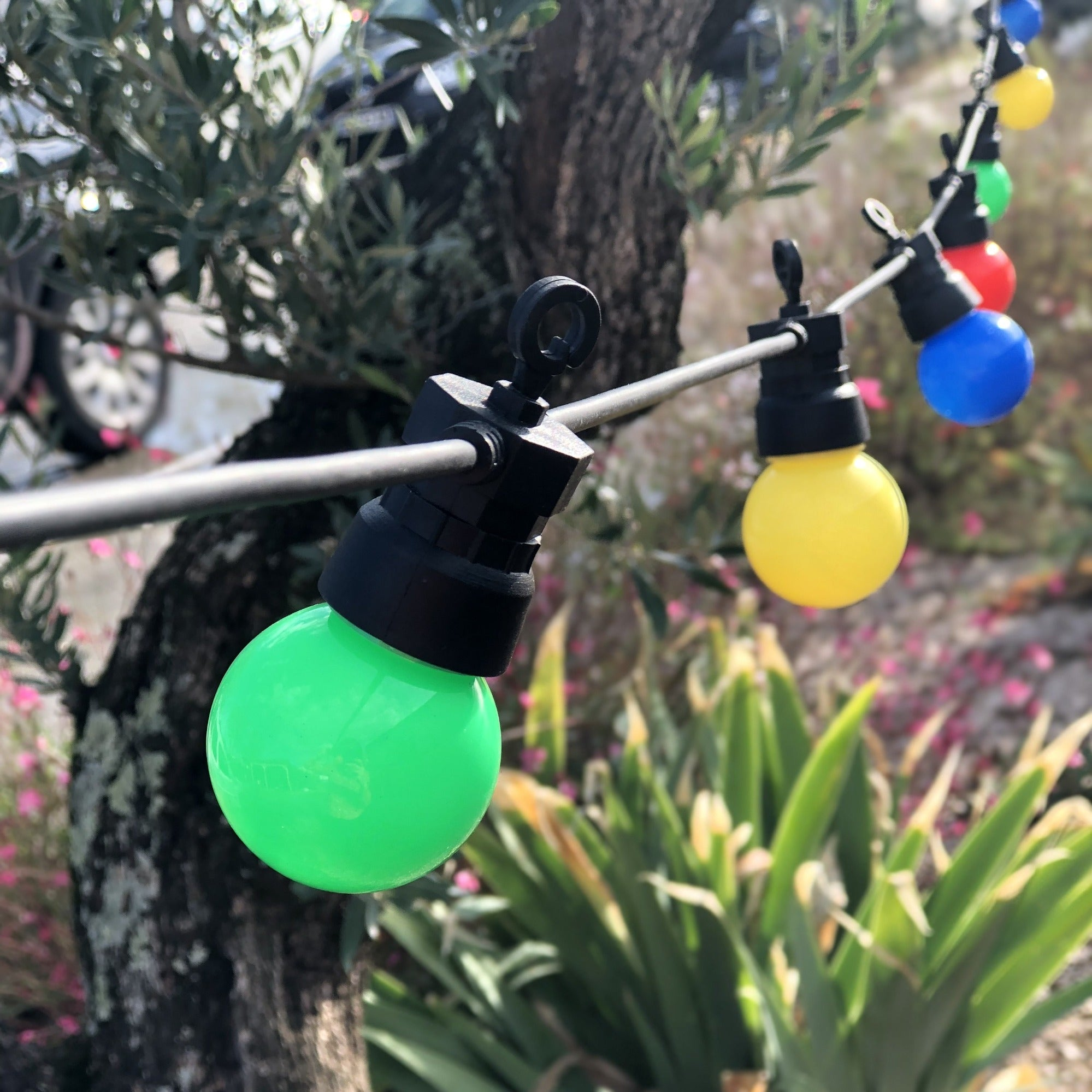 Lichterkette mit bunten Glühbirnen, die in einem Garten in der Nähe eines Baumes hängen.