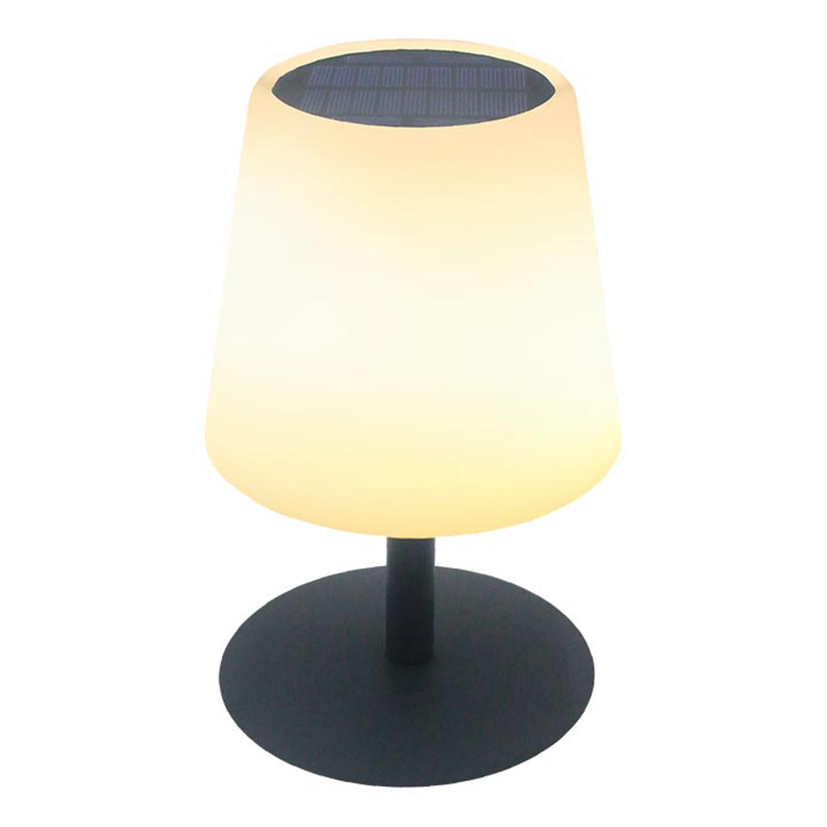 Eine weiße Lampe mit schwarzem Sockel, isoliert auf weißem Hintergrund.