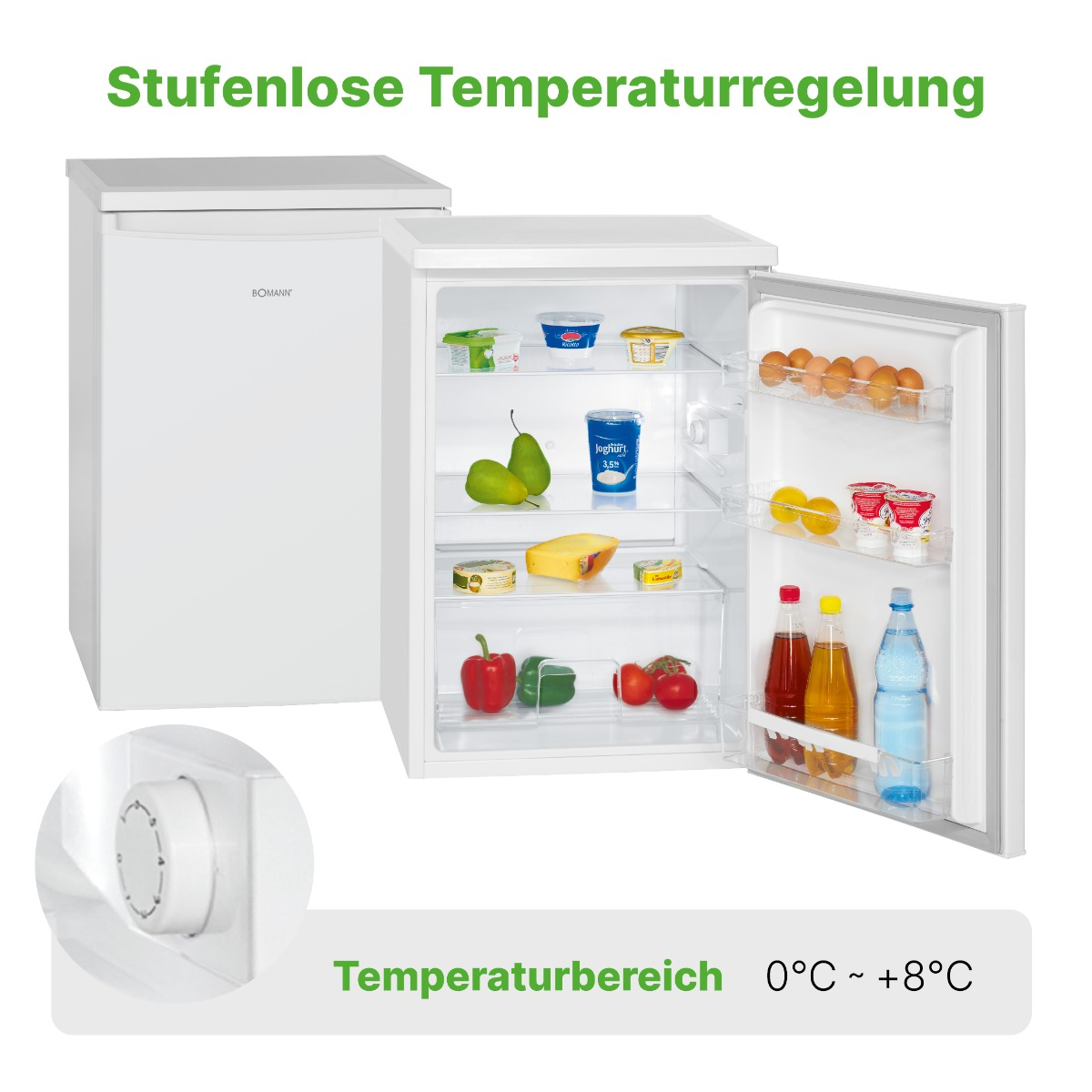 Weißer Kühlschrank mit offener Tür, zeigt Regale mit Lebensmitteln und Temperaturregler.