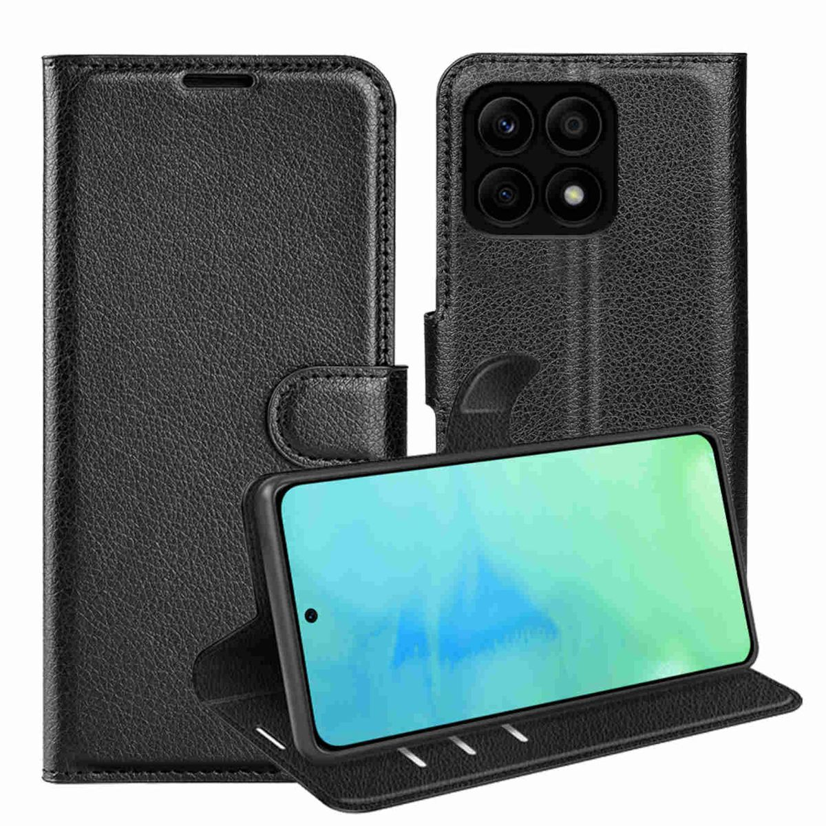 Schwarze Handyhülle mit Telefon. Telefon ist in der Hülle. Hülle ist geschlossen.