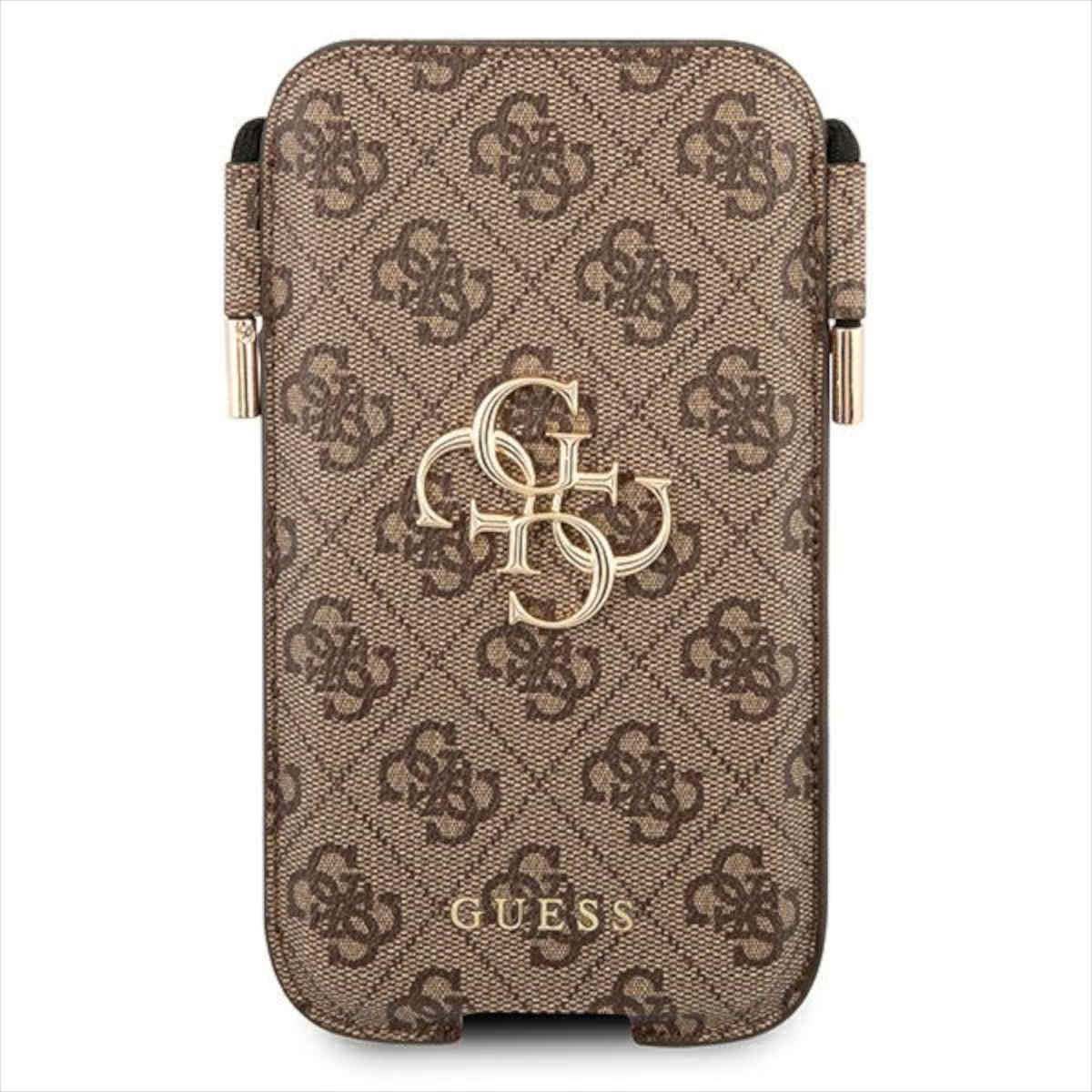 Eine braune Guess-Handyhülle mit sich wiederholendem Muster und goldenem Guess-Logo.