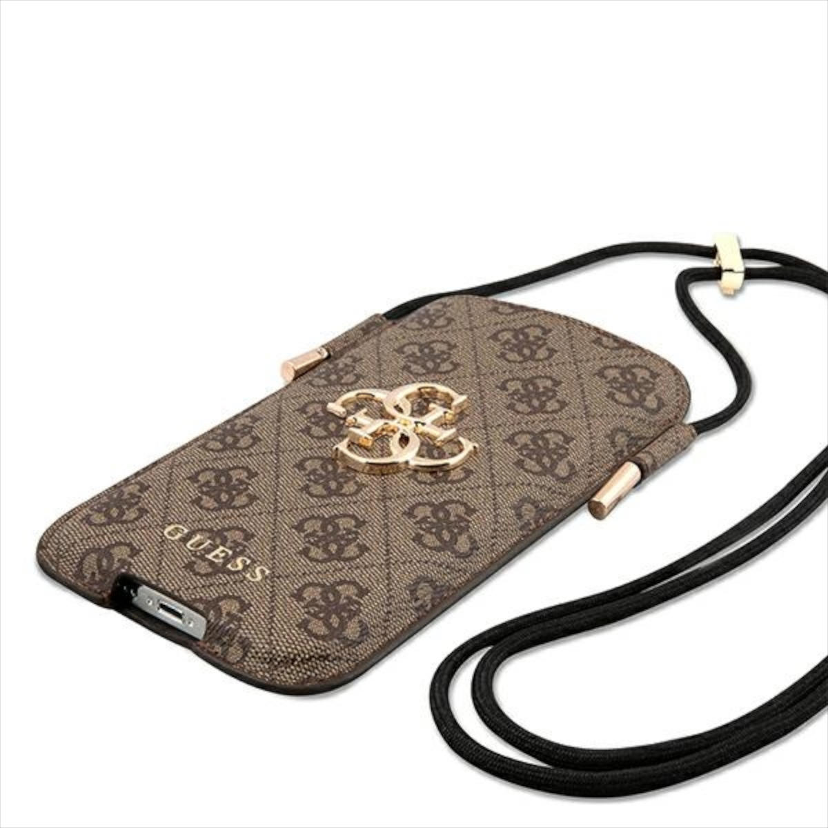 Goldenes Telefon-Case und Spiegel, mit roten Lippenstiften und Uhrzeit.