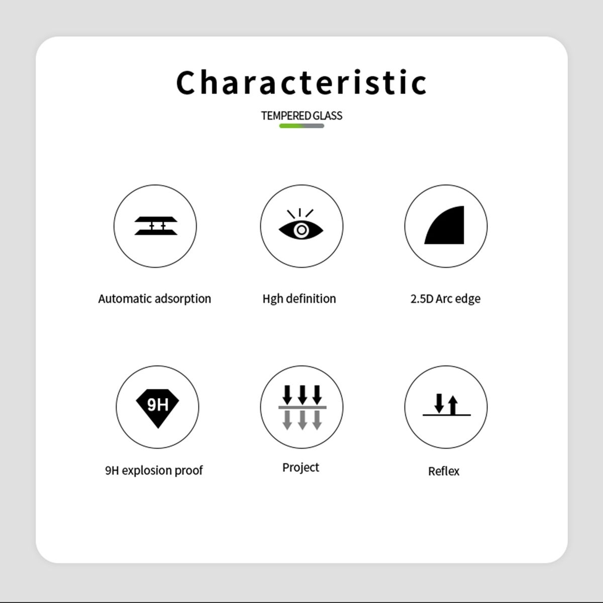 Symbole, die Produkteigenschaften zeigen. Enthält automatische Adsorption, High Definition und 9H.