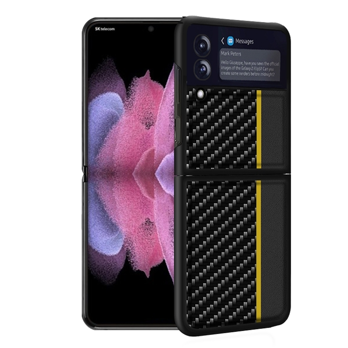 Faltbares Telefon mit Karbonfaser-Hülle und Nachrichten-App auf dem Bildschirm. Gelber Streifen.