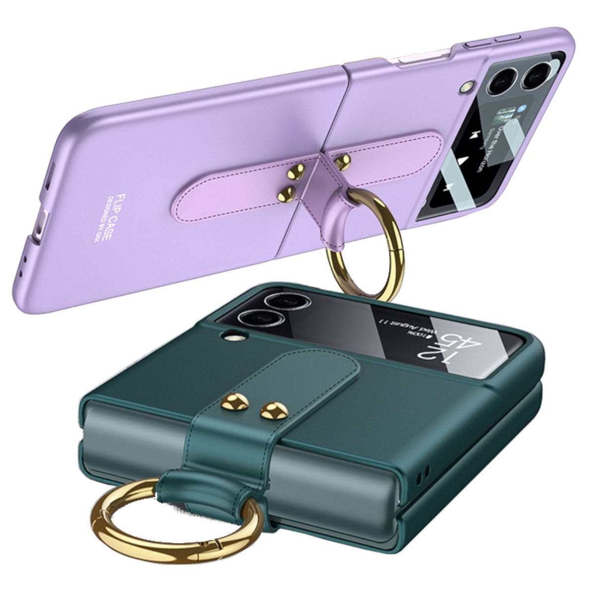 Zwei faltbare Telefone, eines lila und eines grün, mit angebrachten Ringen zum Halten.