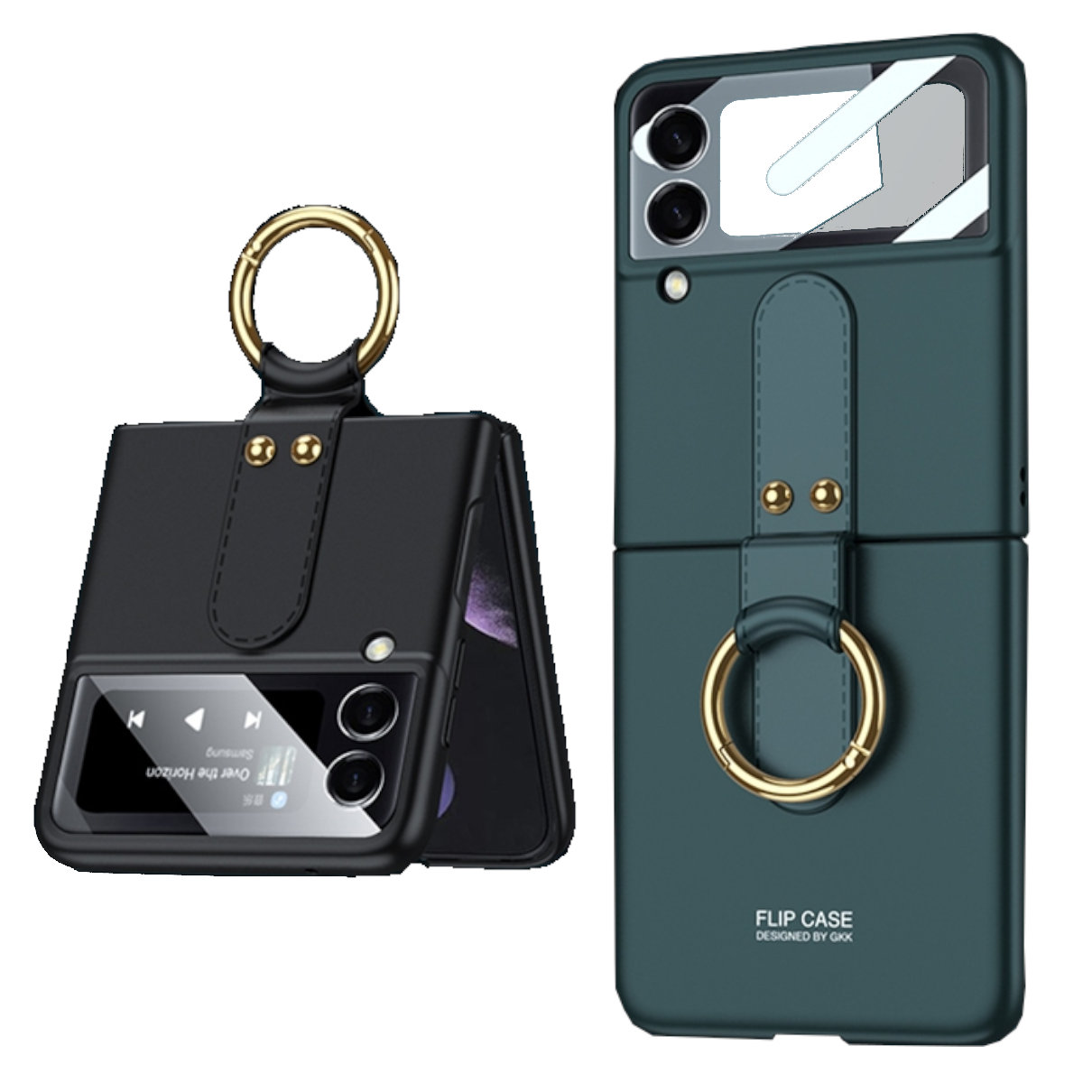 Zwei Handyhüllen, eine offen mit Telefon, die andere geschlossen, beide grün mit Goldring.