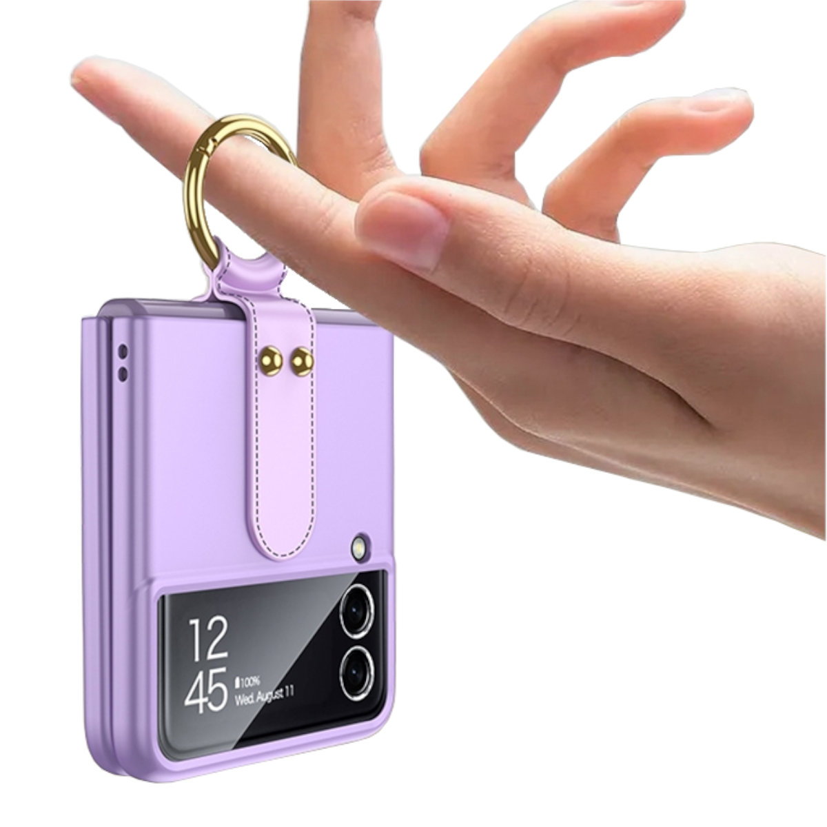 Lila Handyhülle von einer Hand gehalten. Goldener Ring, Telefon innen, zeigt Zeit und Datum. Weißer Hintergrund.