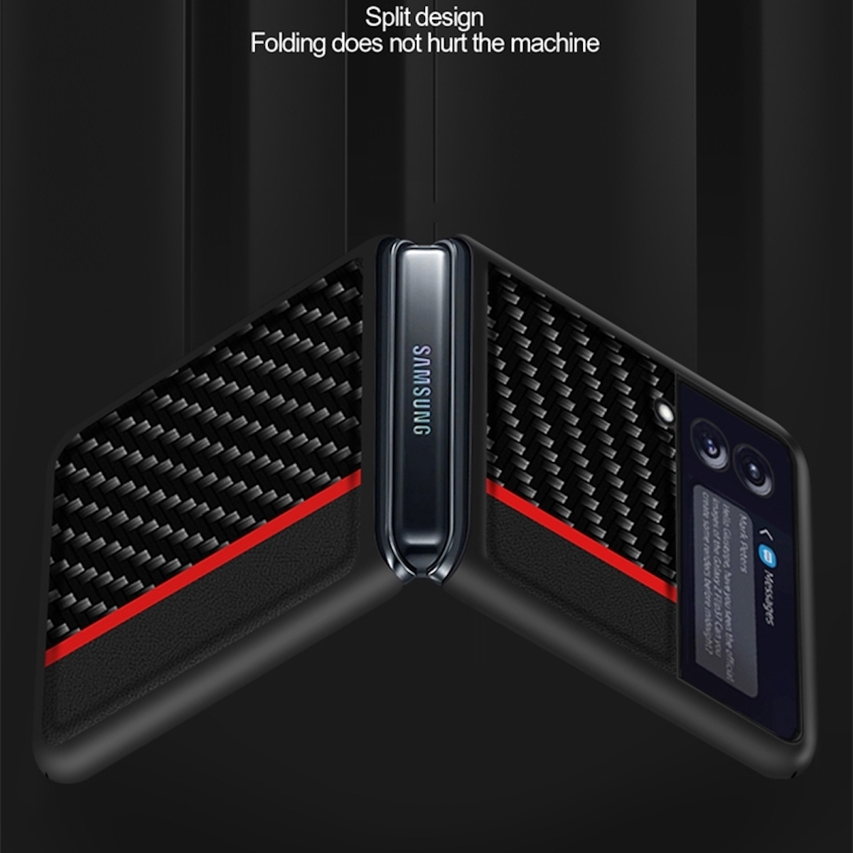 Schwarzes faltbares Samsung-Telefon. Geteiltes Design mit roter Akzentfarbe. Geschlossen, dann geöffnet.