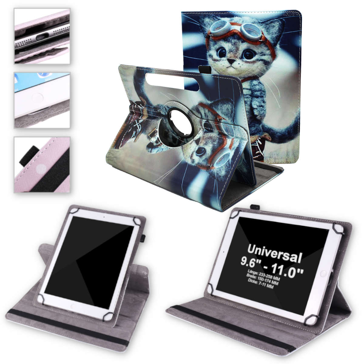 Tablet-Hülle offen und geschlossen. Tablet mit Katzenbild und Text. Weißer Hintergrund.