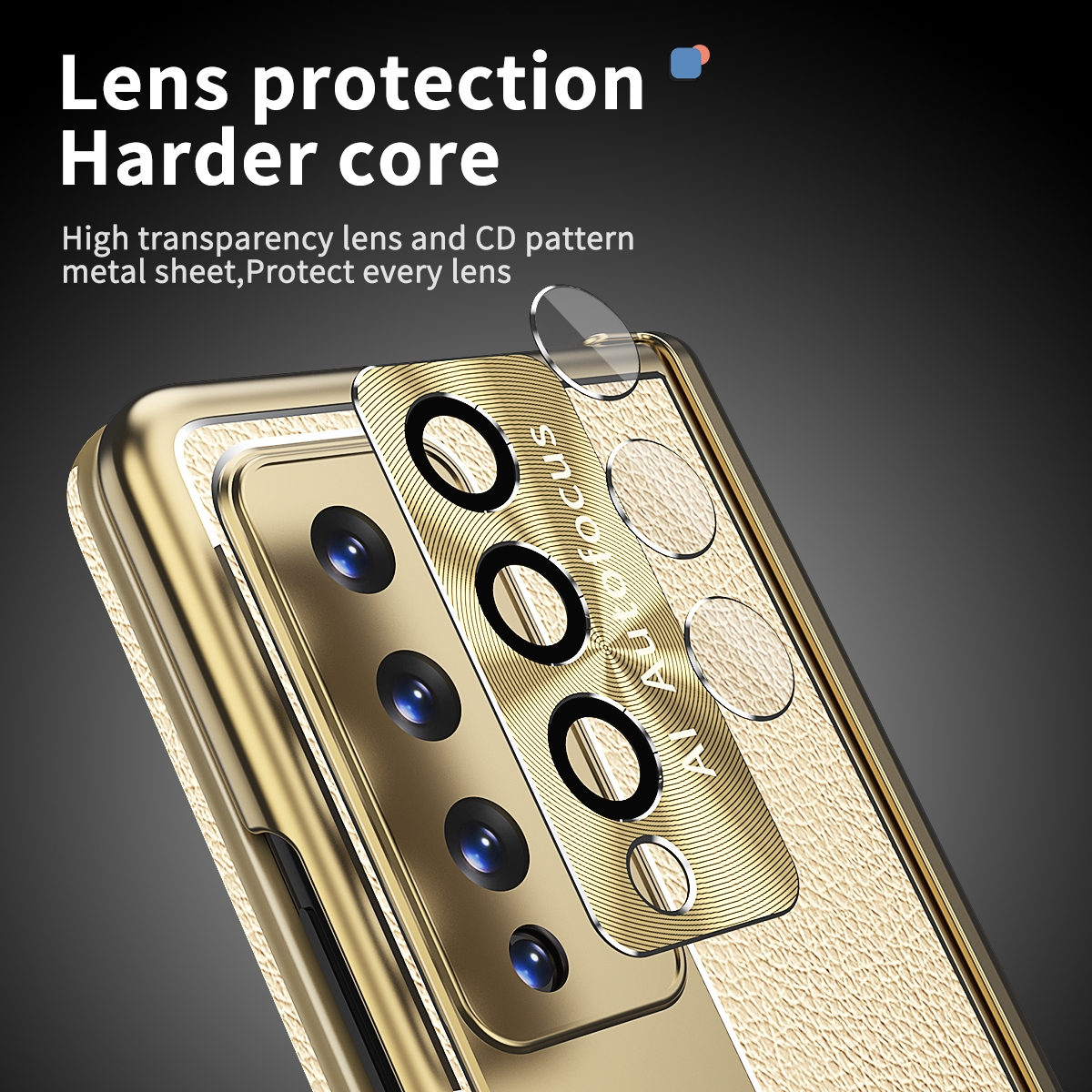 Nahaufnahme eines goldenen Telefonschutzglases mit mehreren Linsen und Textüberlagerung.