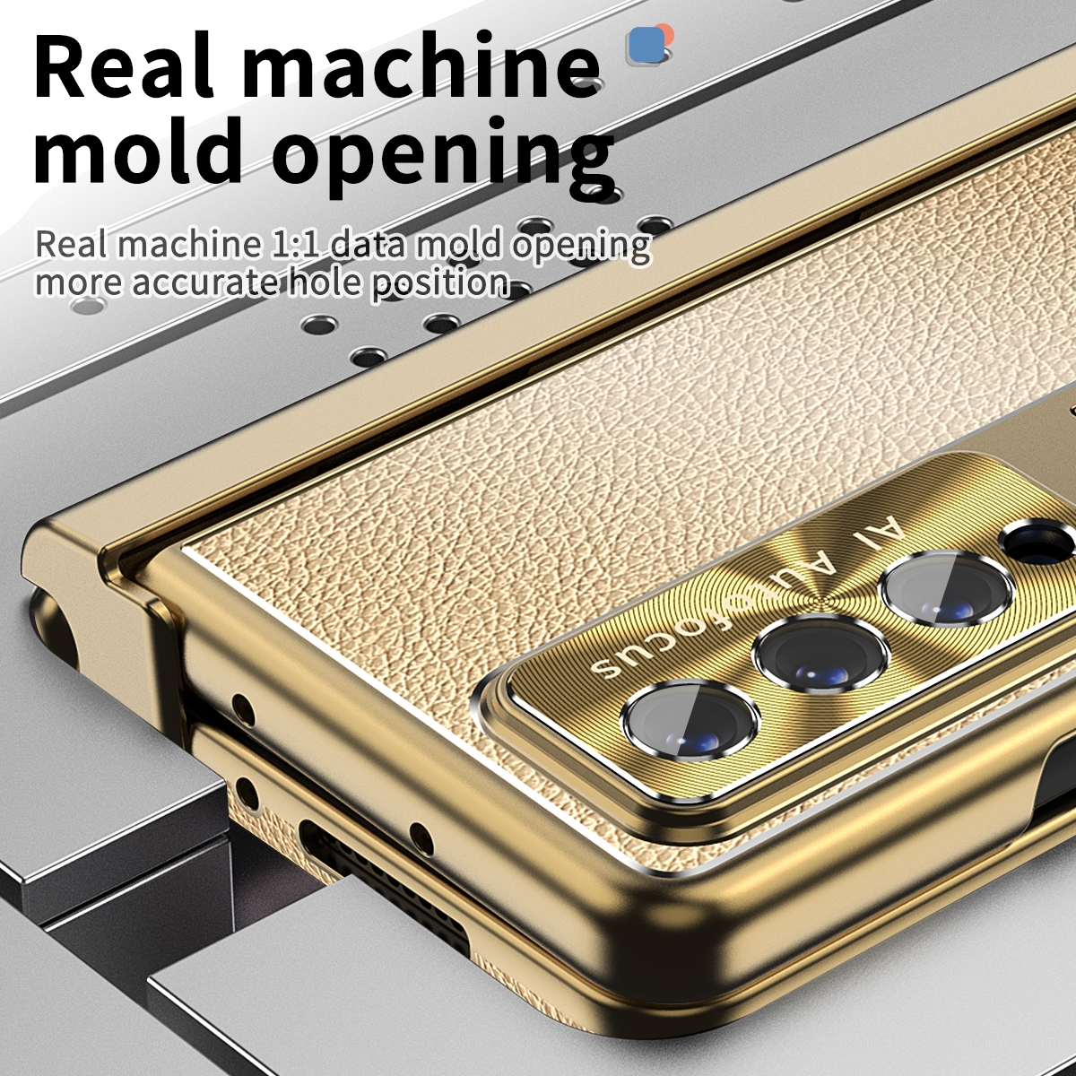 Nahaufnahme goldener Telefonhülle mit Text. Zeigt eine Handyhülle.