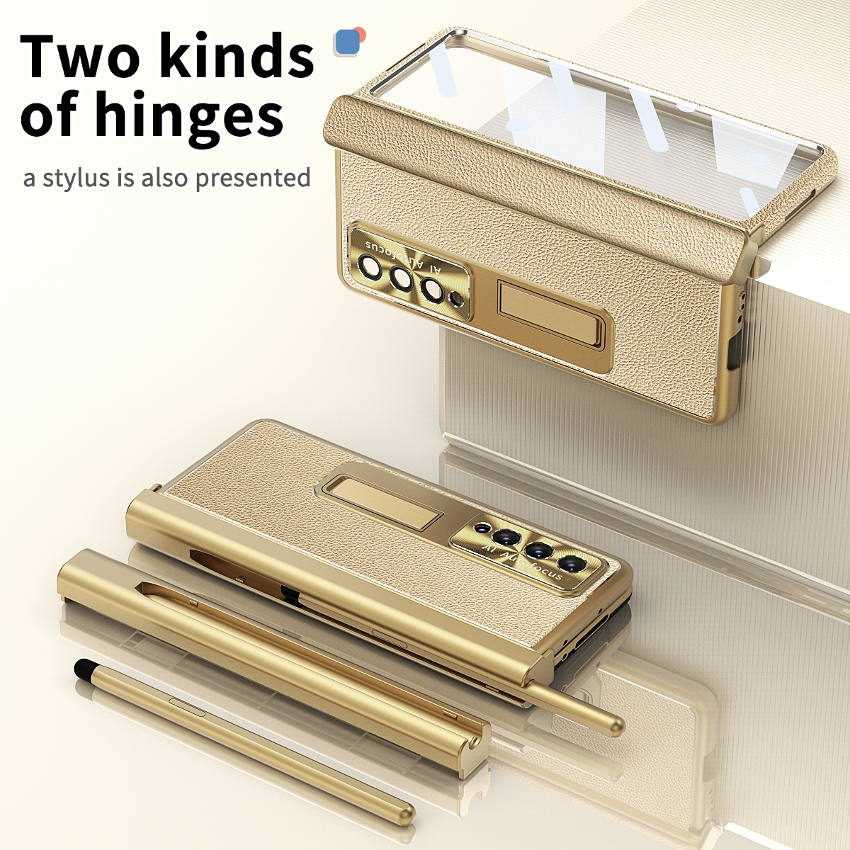 Goldene Handyhülle, mit zwei Scharniertypen und einem Stift, auf glänzender Oberfläche.