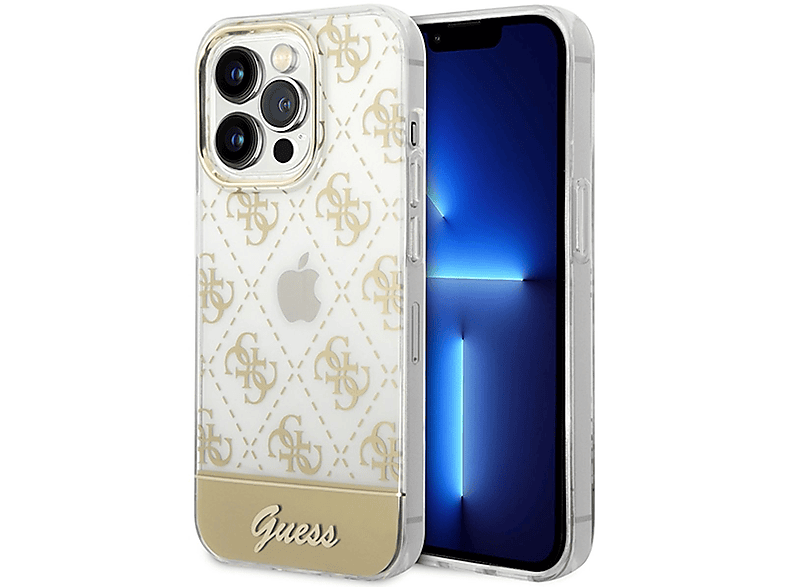 GUESS Pattern Script Collection Design Schutz, Backcover, Apple, iPhone 14 Pro Max, Gold