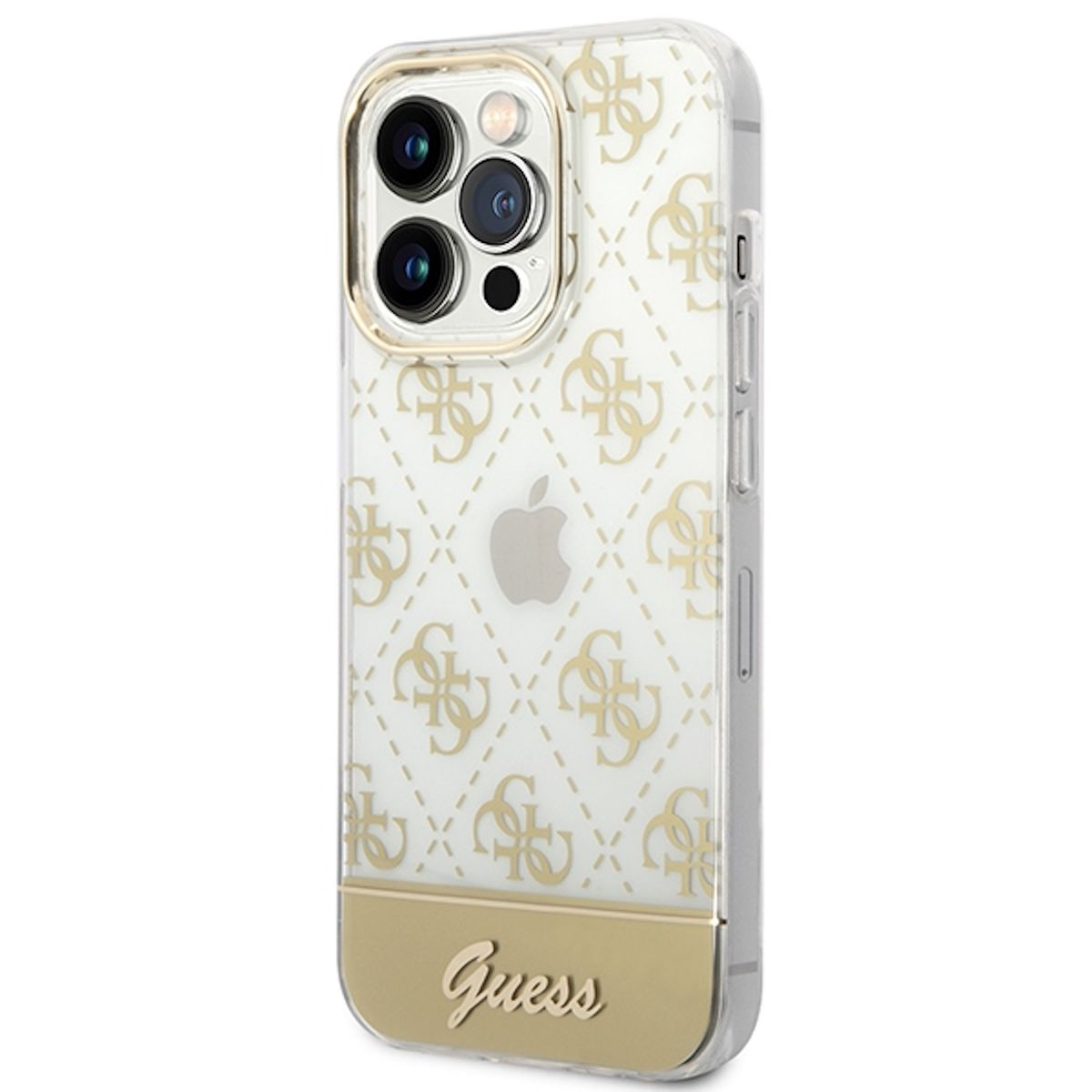 Transparente Handyhülle mit Guess-Logo-Muster und goldenen Akzenten. Apple-Telefon ist drin.