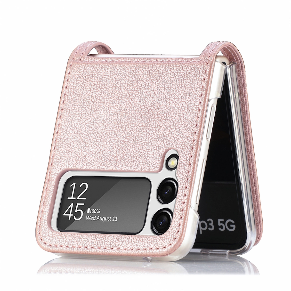 Eine rosa Leder-Handyhülle für ein faltbares Telefon, wobei das Telefon teilweise sichtbar ist.