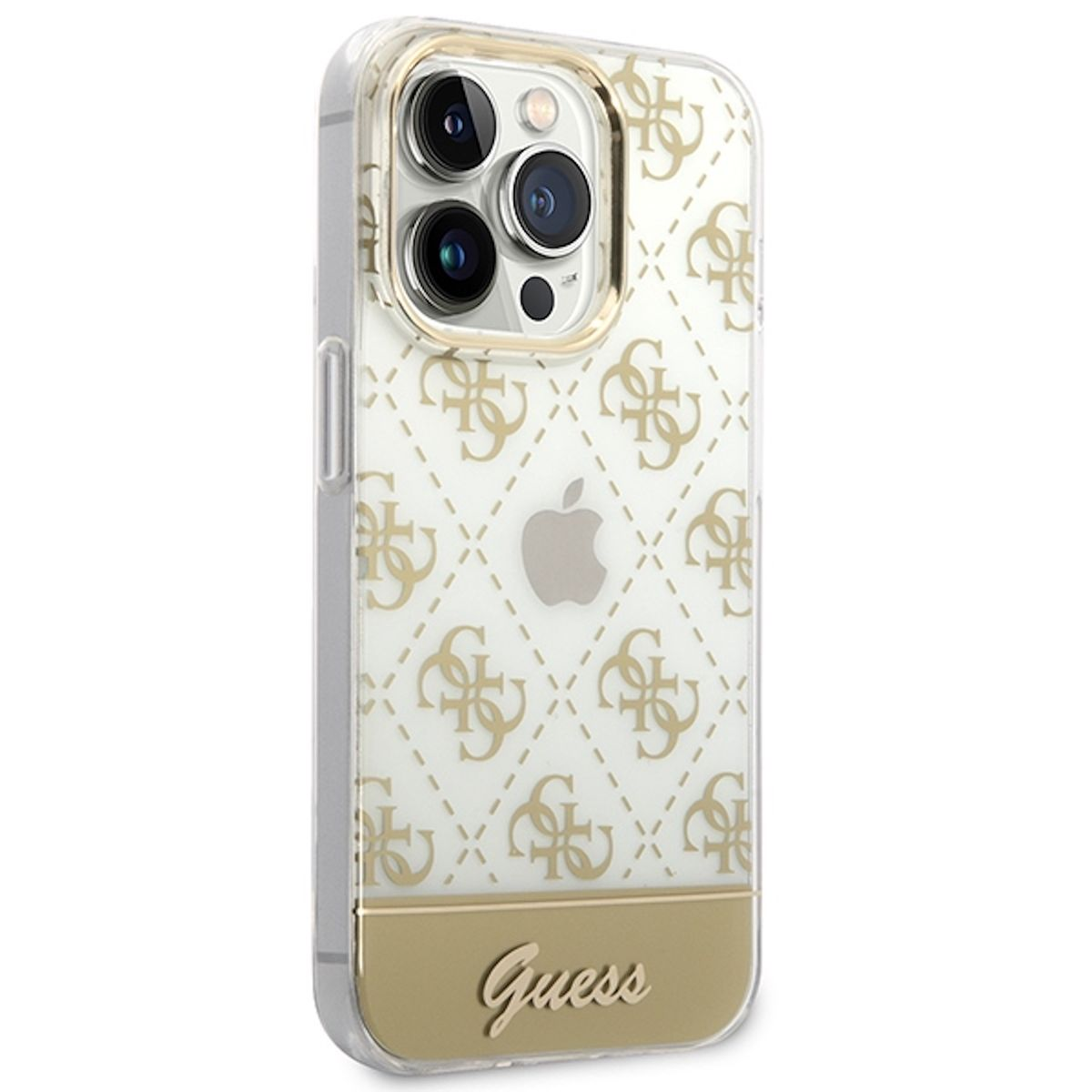 Eine transparente Handyhülle mit goldenem Guess-Logo-Muster, das ein iPhone umgibt.