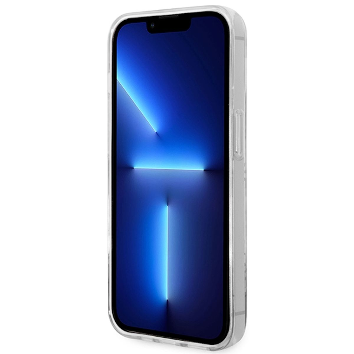 Ein Telefon in einer durchsichtigen Hülle mit blauem Bildschirm. Weißer Hintergrund.