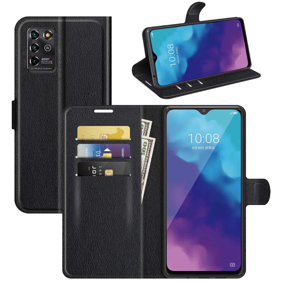 Schwarze Handyhülle offen mit Telefon, Karten und Bargeld. Weißer Hintergrund.