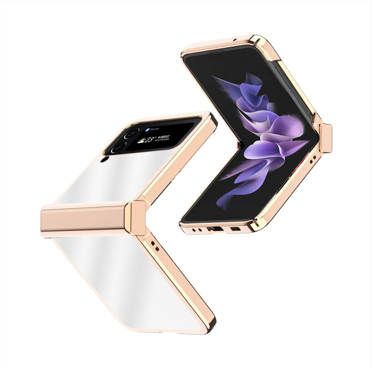 Zwei roségoldene faltbare Telefone auf weißem Hintergrund, eines offen, eines geschlossen, Bildschirm sichtbar.