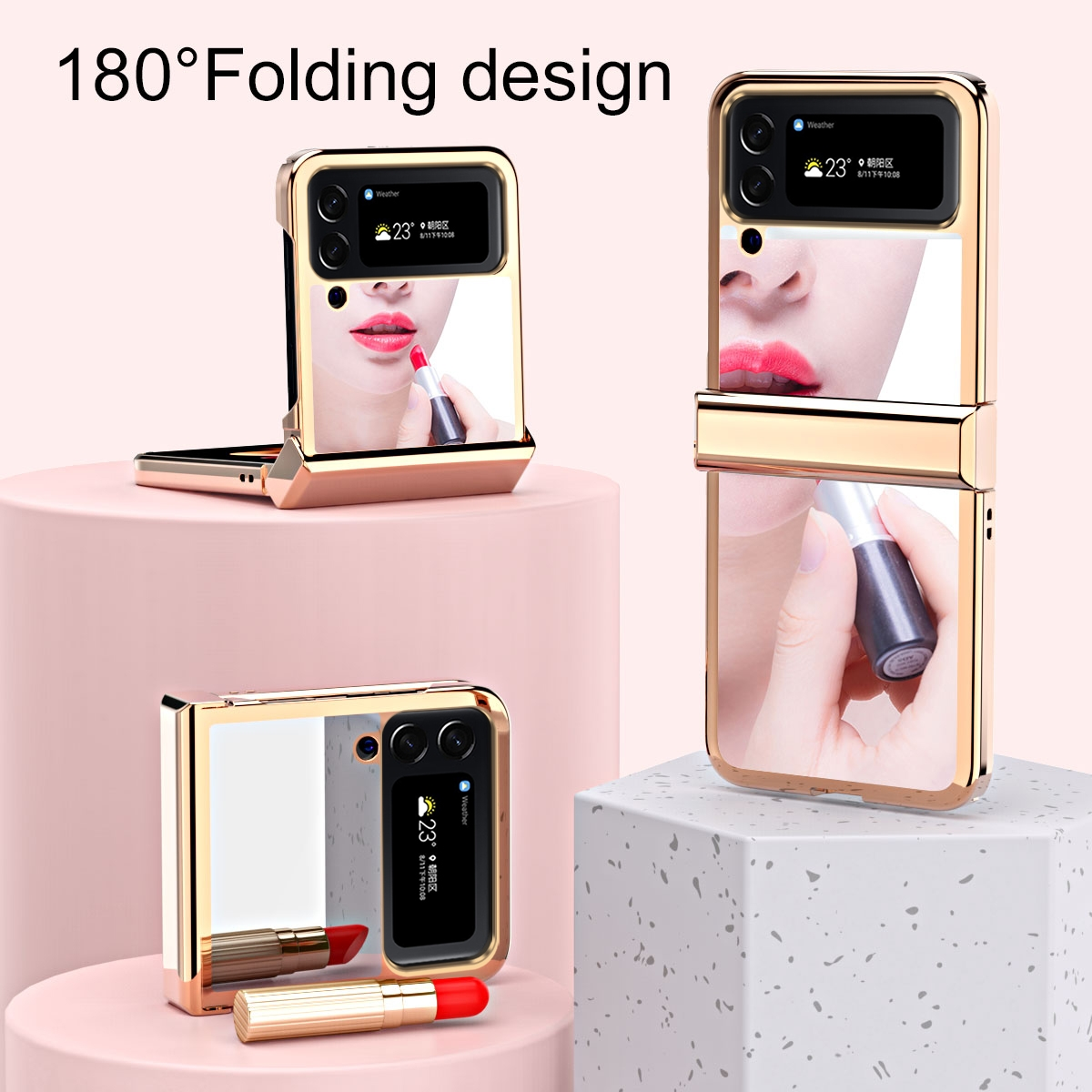 Ein faltbares Telefon in Gold. Eines zeigt ein Gesicht mit Lippenstift, ein anderes Lippenstift und einen Spiegel.