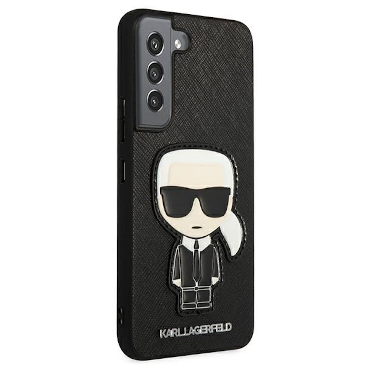 Custodia per telefono nera con design Karl Lagerfeld. Sfondo bianco.