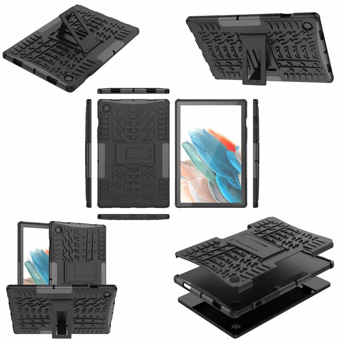 Eine schwarze Tablet-Hülle mit Ständer in verschiedenen Ansichten, vor weißem Hintergrund.