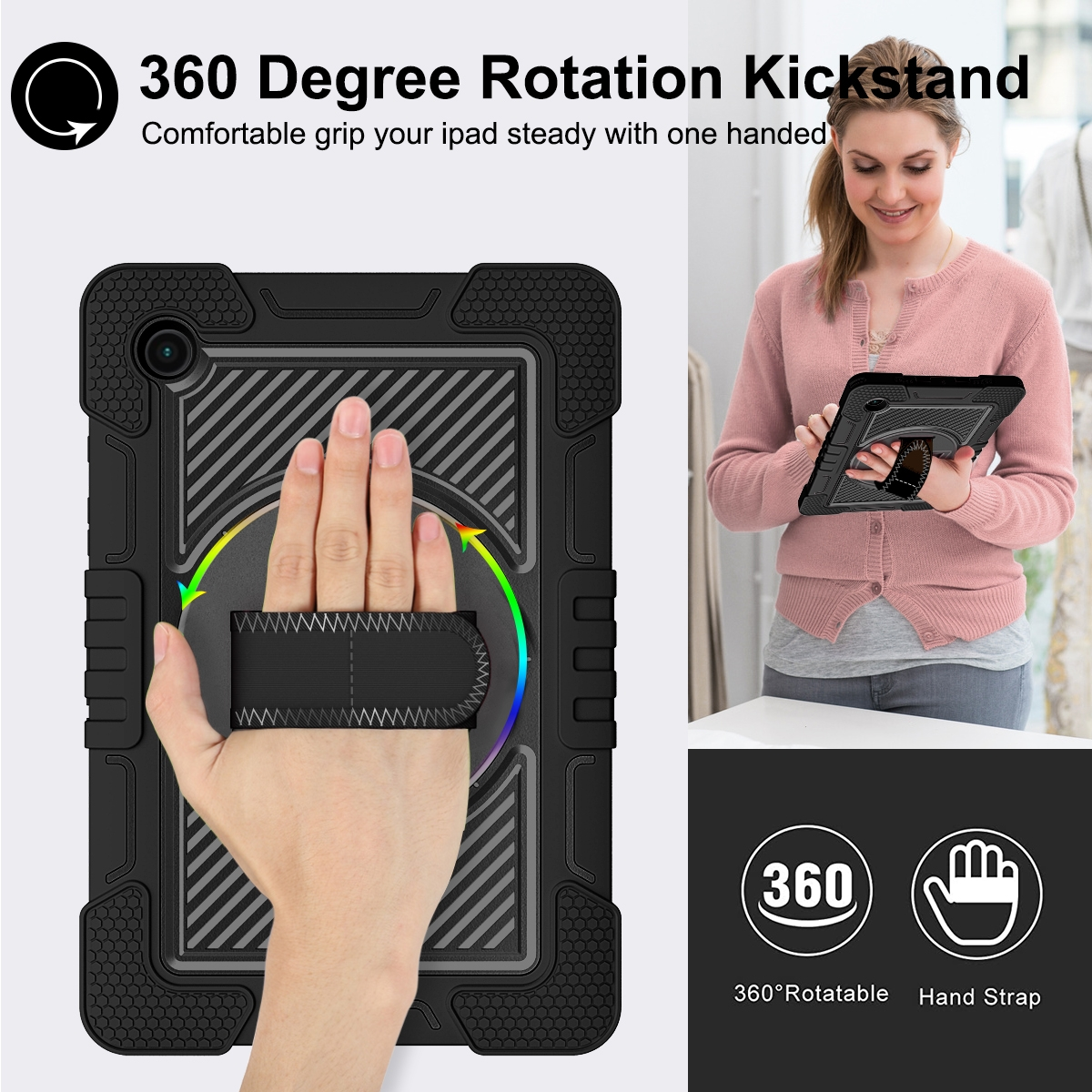 Eine Hand, die eine Tablethülle mit einem 360-Grad-Drehständer und einer Handschlaufe hält.