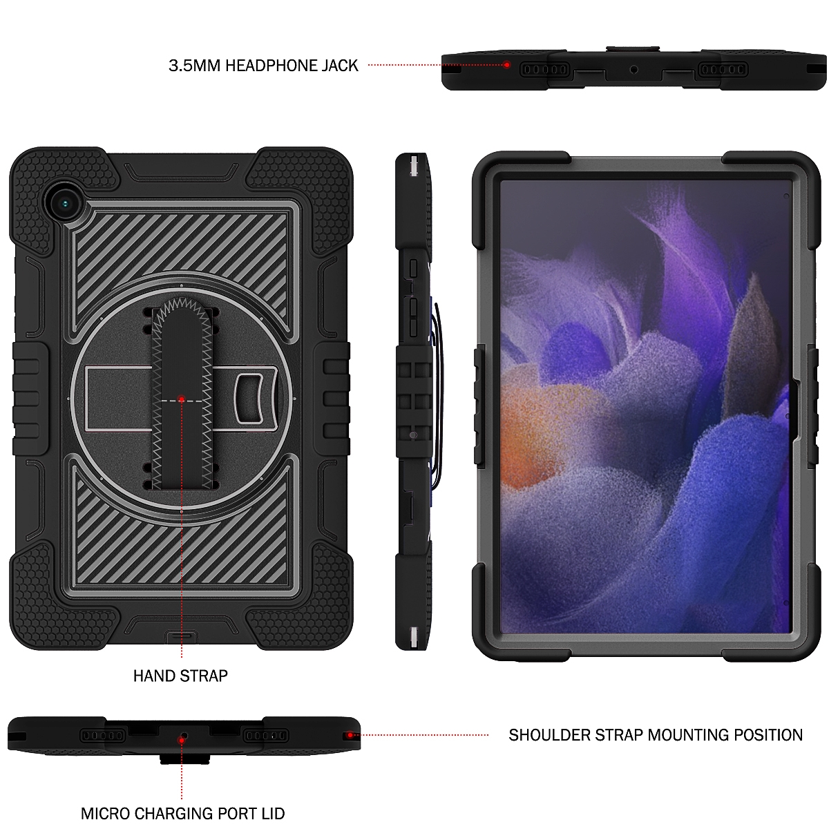 Mehrere Ansichten eines Tablets mit Hülle, die Anschlüsse und eine Handschlaufe zeigen.