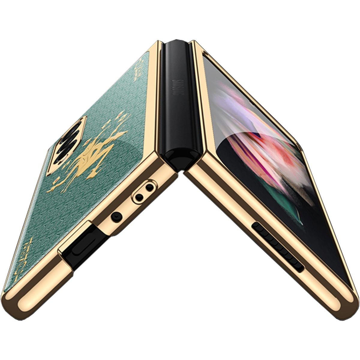 Un teléfono plegable dorado y verde, abierto, con una parte trasera estampada.