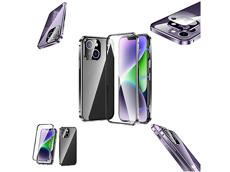 WIGENTO 360 Grad Magnet Glas Schutz Hülle, Full Cover, Apple, iPhone 14, Schwarz / Transparent