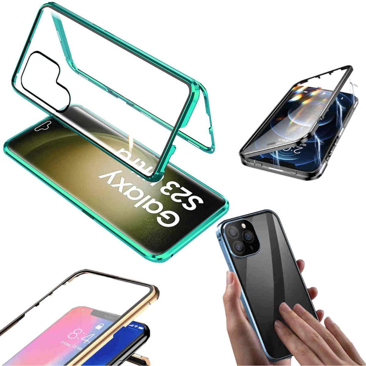 S23 Schutz Samsung, Grad Galaxy Magnet Cover, Hülle, Ultra, Transparent Glas Grün Full 360 WIGENTO /