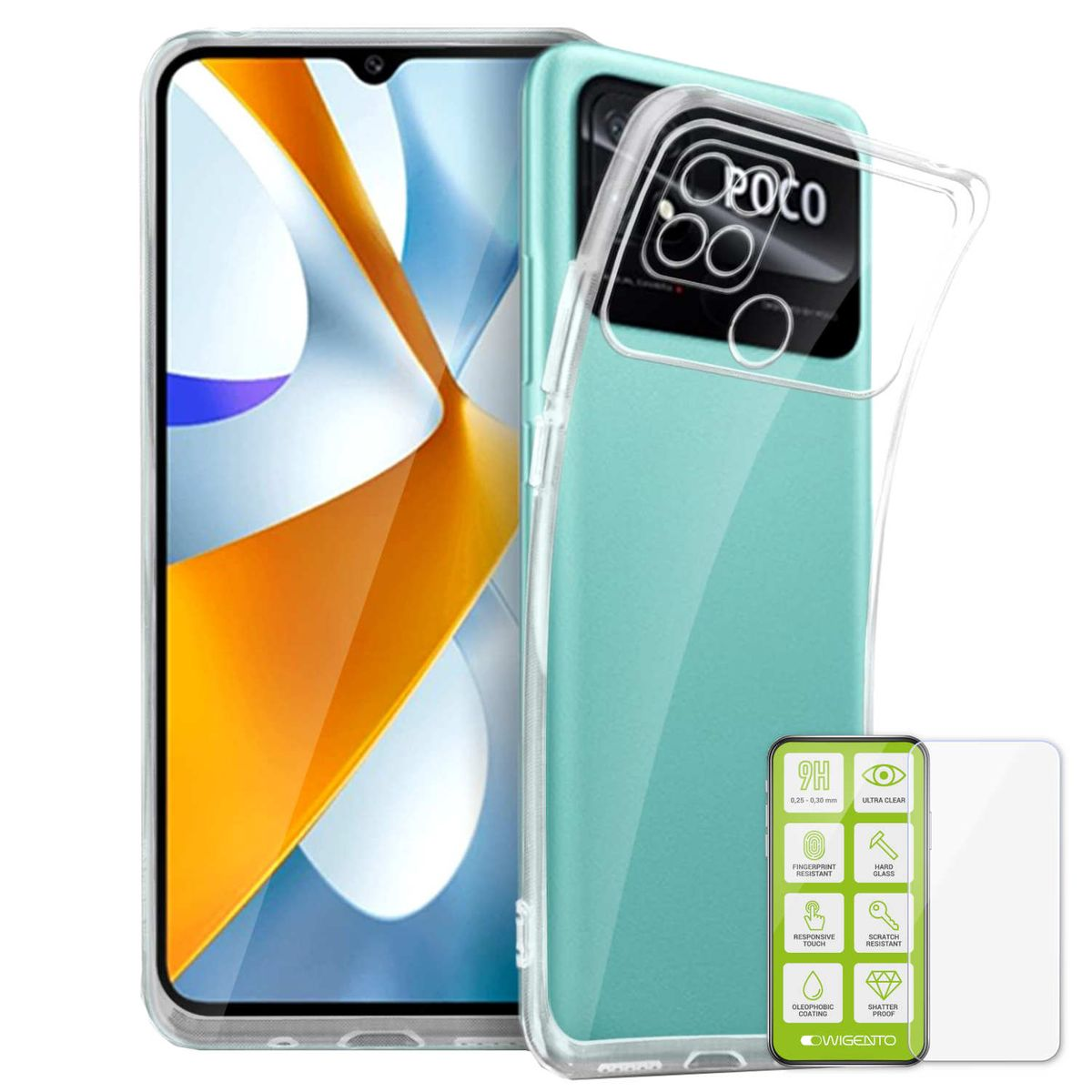 WIGENTO Produktset Smartphone C40, Hartglas Xiaomi, Hülle + Backcover, Transparent Panzer Poco Folie