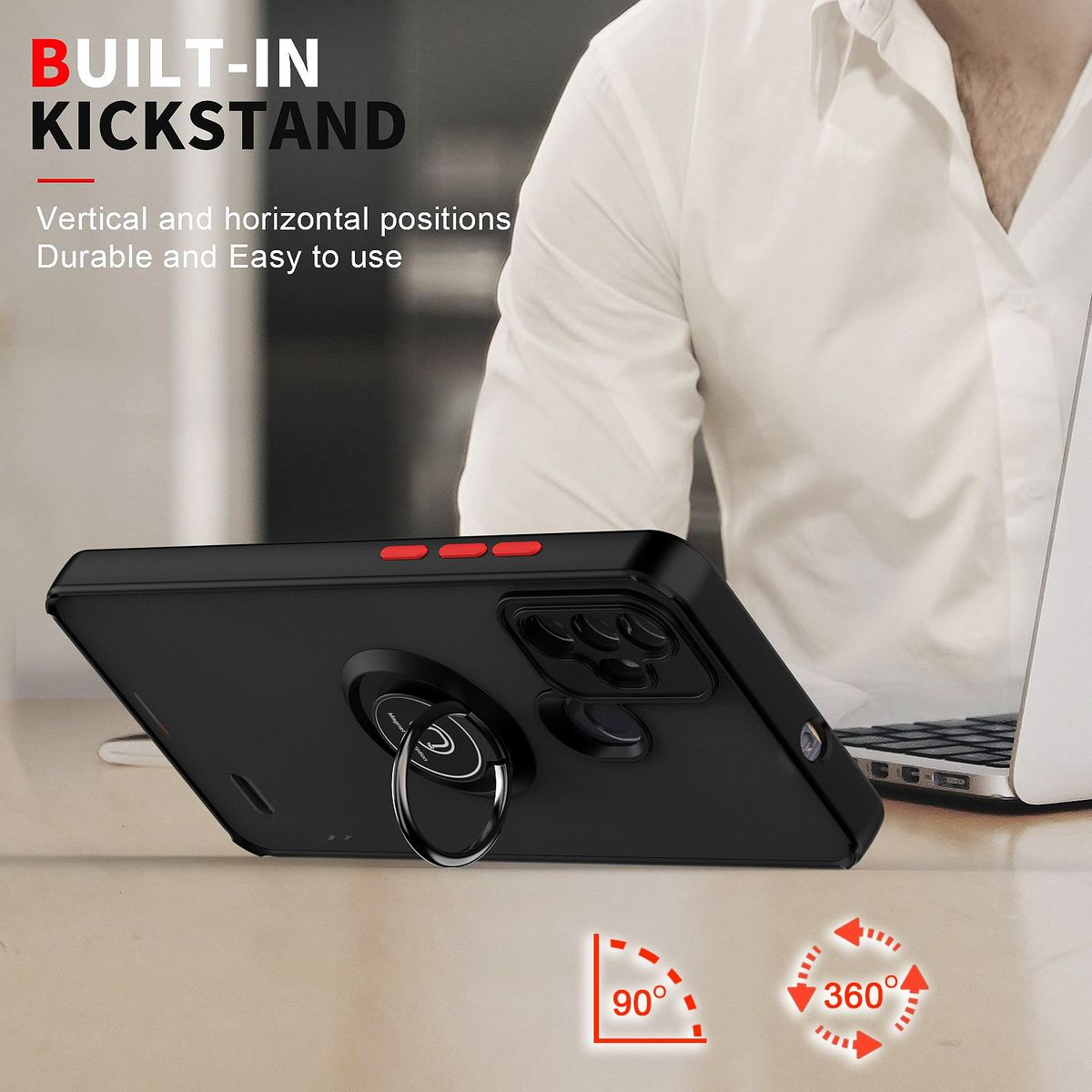 Schwarze Handyhülle mit eingebautem Ständer und Ringhalter. Rote Knöpfe. Weißer Hintergrund.