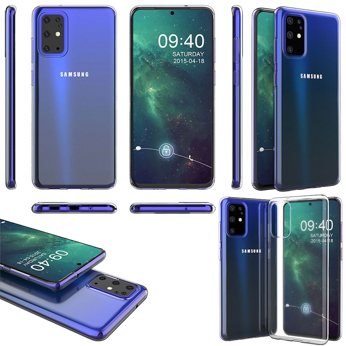 Mehrere Ansichten einer blauen Handyhülle mit einem Telefon darin. Das Telefon zeigt einen Sperrbildschirm.