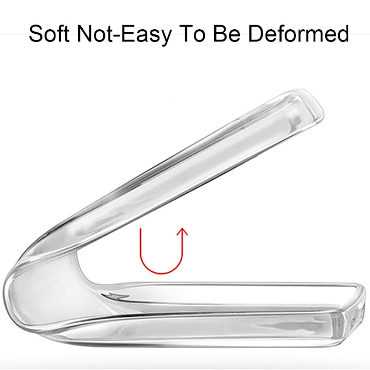 Eine durchsichtige Handyhülle ist gebogen und zeigt Flexibilität. Text: 'Soft Not-Easy To Be Deformed'.