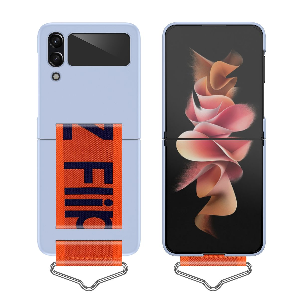 Faltbares Telefon in einer blauen Hülle mit orangefarbenem Riemen. Zweite Hälfte zeigt rosa.