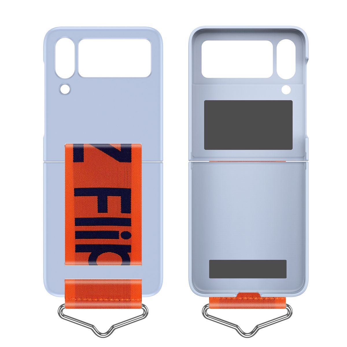 Gefaltete blaue Handyhülle mit orangefarbenem Riemen und dem Wort 'Flip', auf weißem Grund.