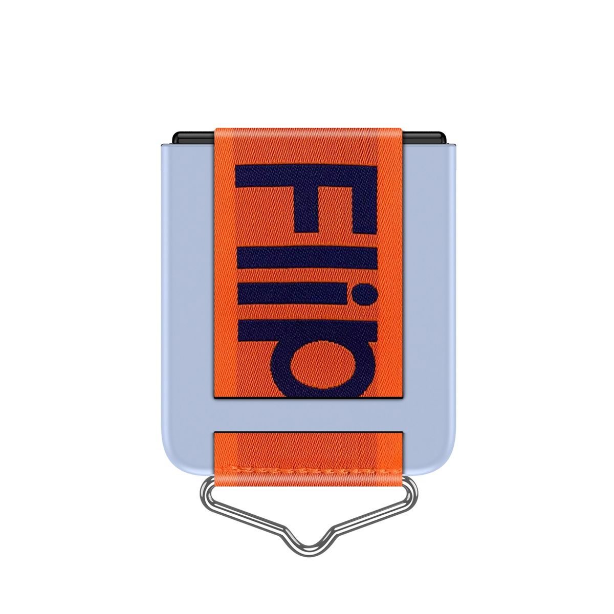 Hellblauer Telefonhalter mit orangefarbenem Riemen mit der Aufschrift 'Flip'. Der Halter hat einen silbernen Ring.
