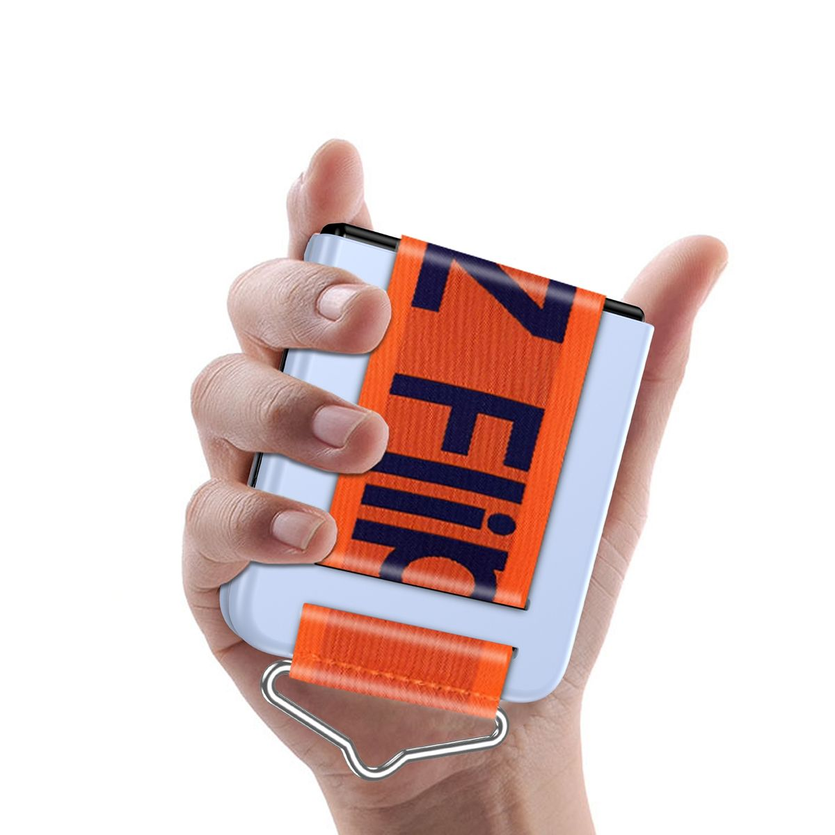 Eine Hand, die eine weiße Karte mit einem orangenen Riemen hält. Auf dem Riemen steht das Wort 'Flip'.