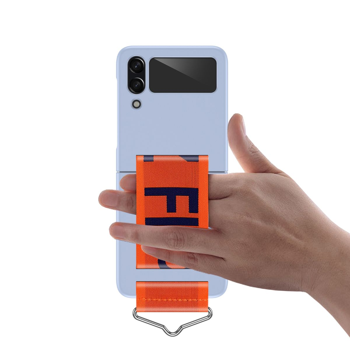 Blaues Telefon mit orangefarbenem Riemen, gehalten von einer Hand.