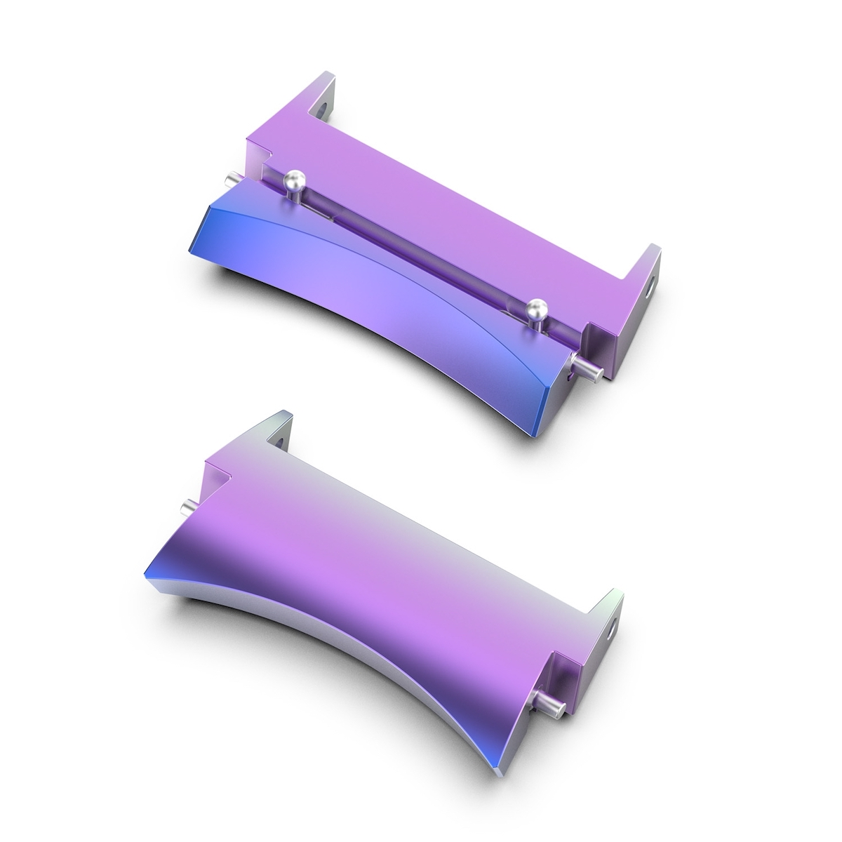 Zwei Armbandglieder. Farbverlauf Blau, Lila, Rosa. Silberstifte sichtbar.