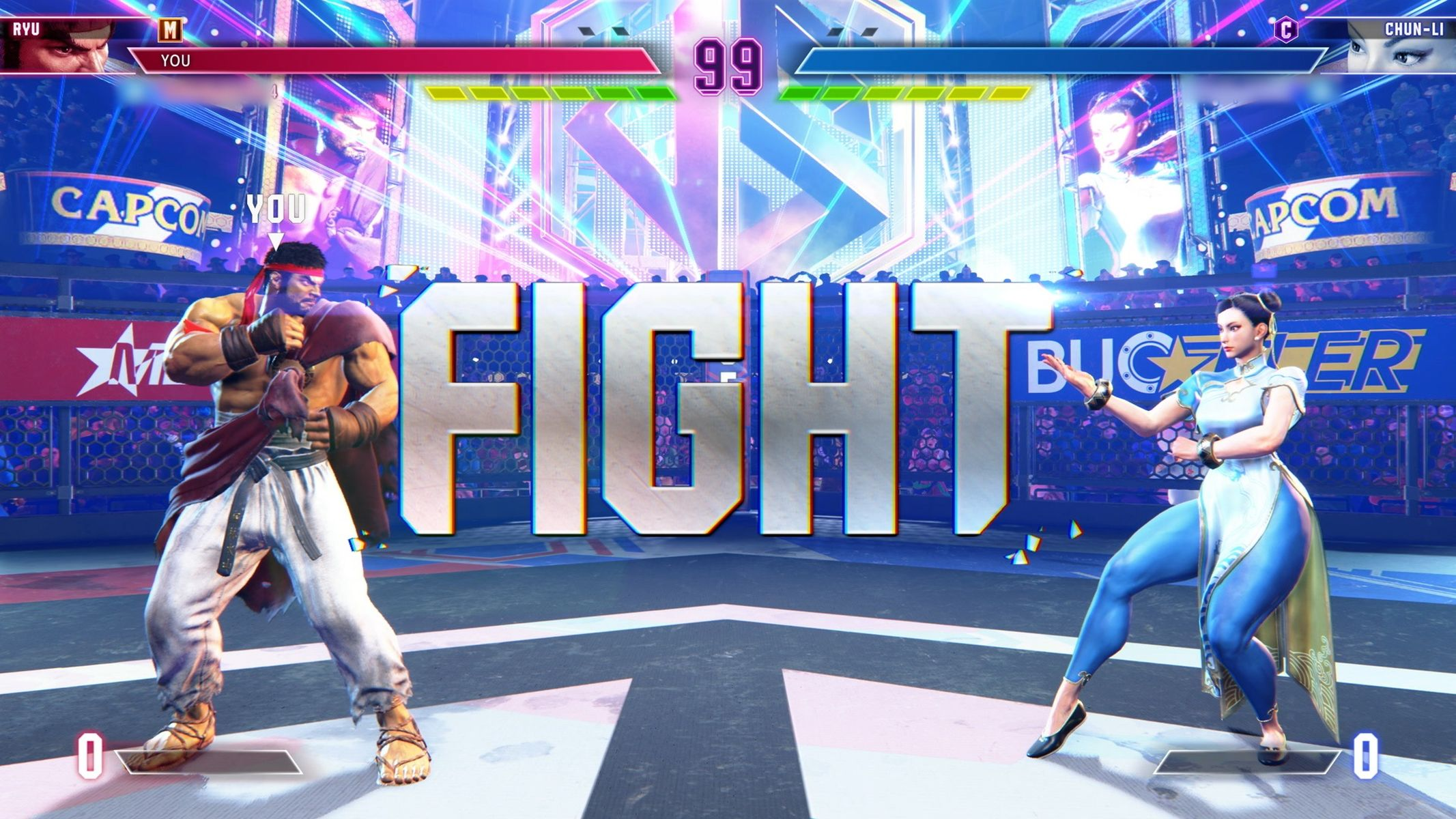 Zwei Charaktere aus einem Kampfspiel stehen sich gegenüber. Das Wort FIGHT steht in der Mitte.